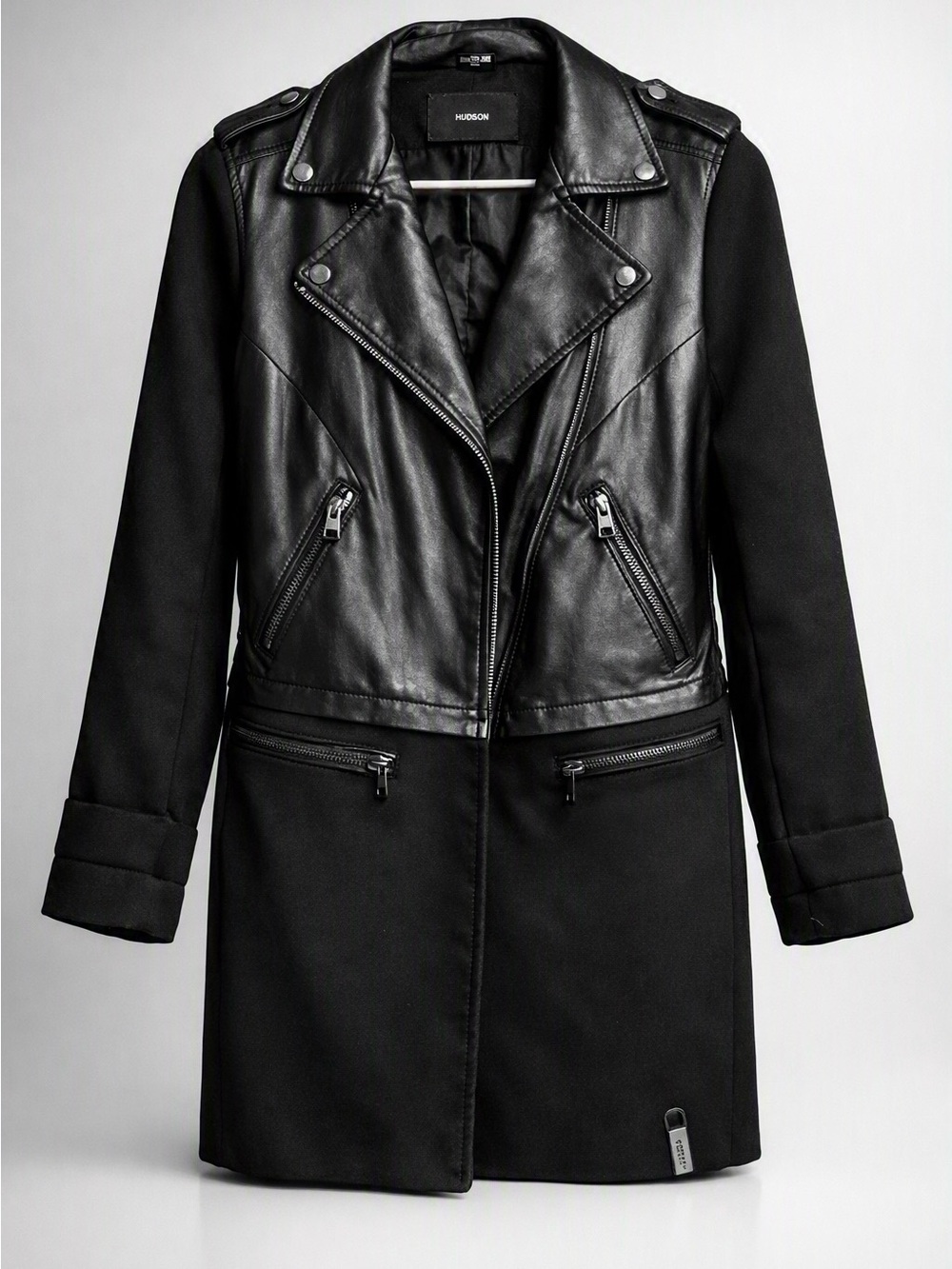 Leather Black Mixed-Media Trench Coat - Women's